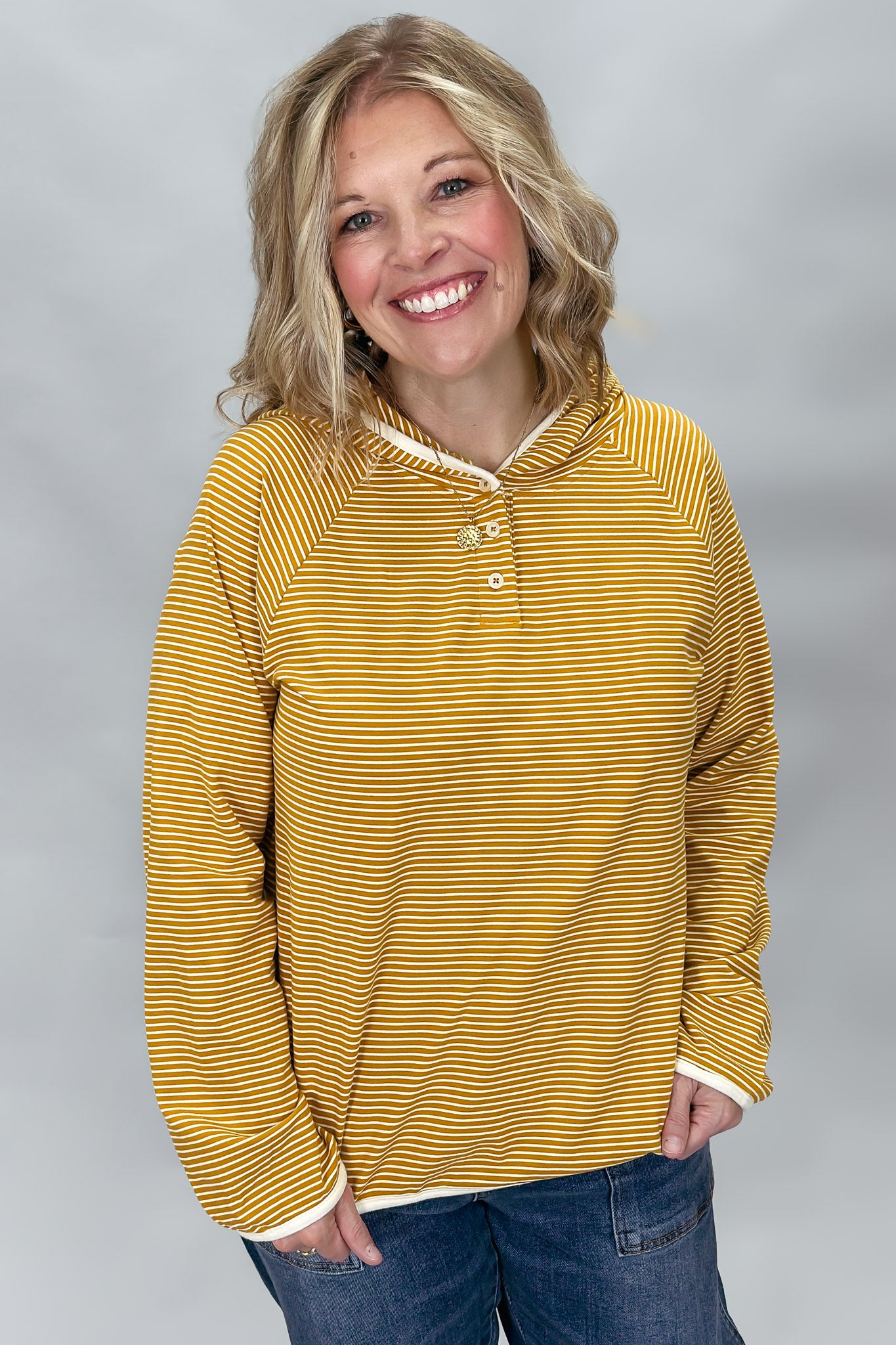 Panoramic View Stripe Button Front Hoodie, Mustard