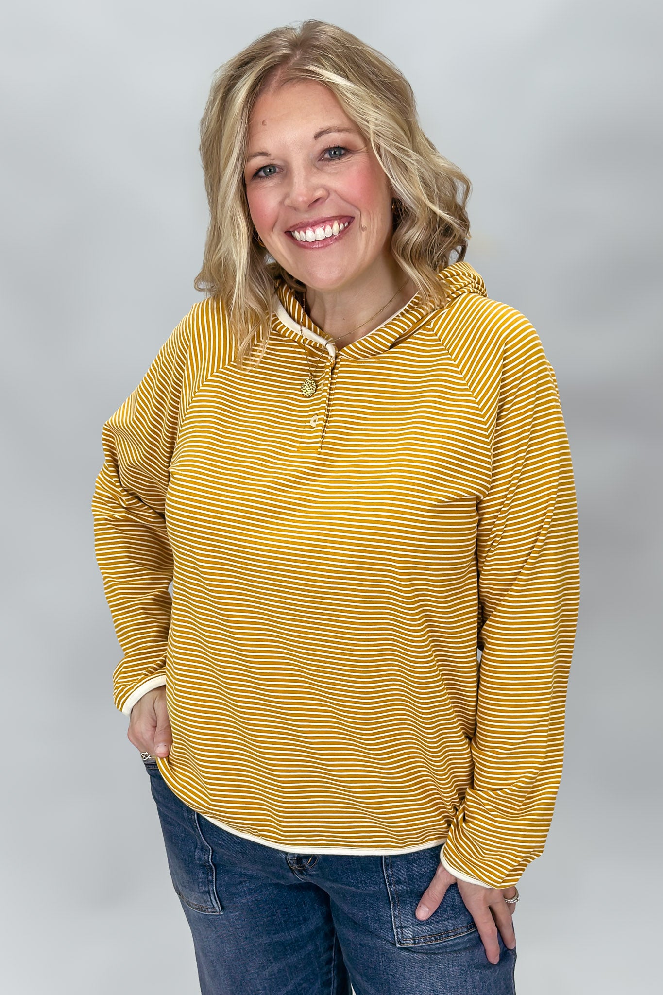Panoramic View Stripe Button Front Hoodie, Mustard