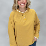Mustard striped button-front hoodie, styled view