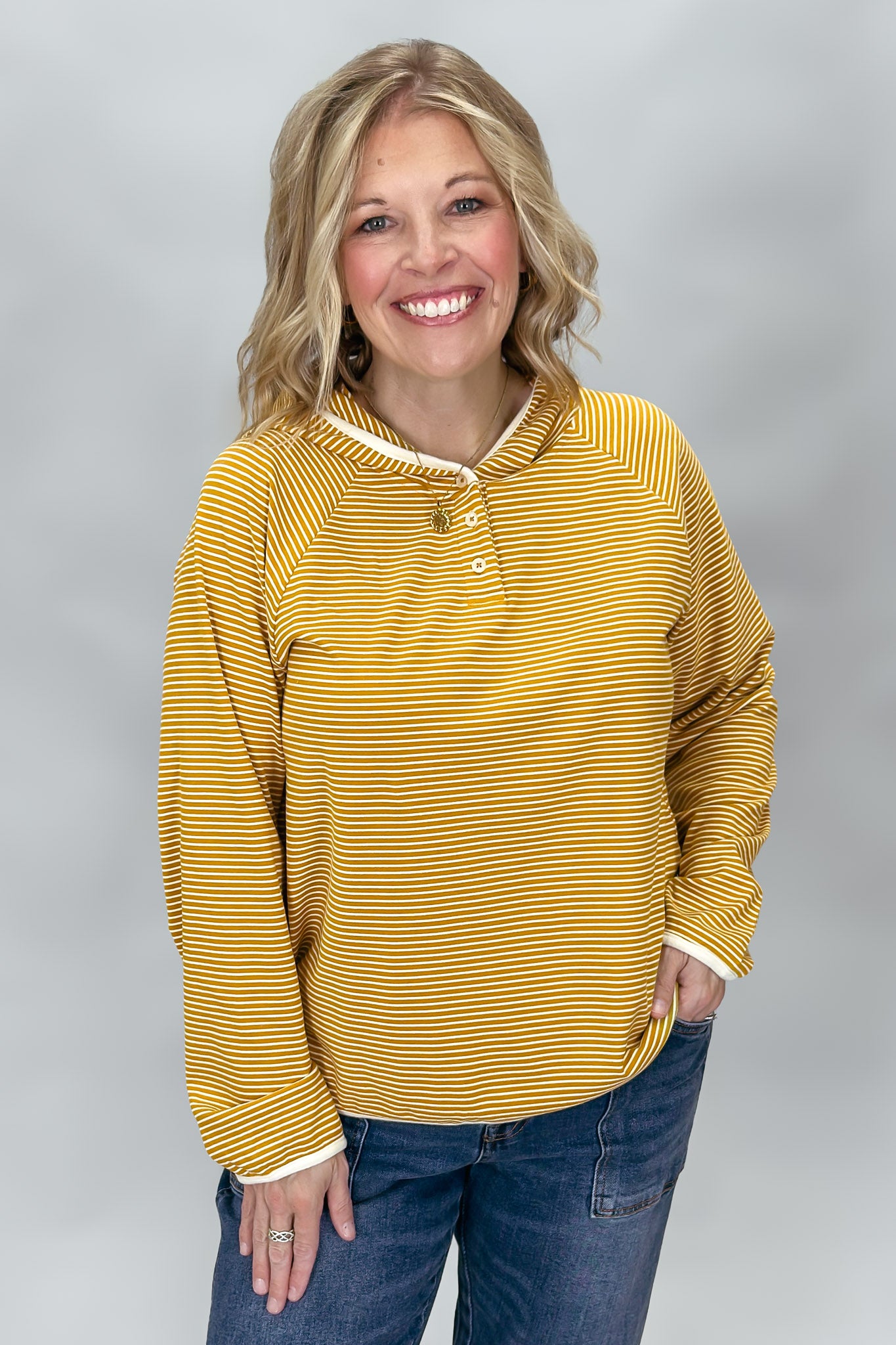 Mustard striped button-front hoodie, styled view