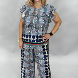 Puzzle Pieces Blue Striped Ruffle Sleeve & Pant Set