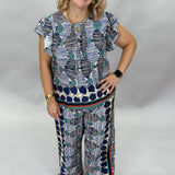 Puzzle Pieces Blue Striped Ruffle Sleeve & Pant Set