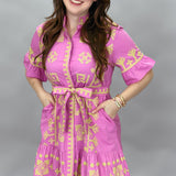 Ruffle Sleeve Cross Stitched Belted Dress, Pink