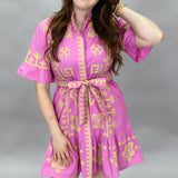 Ruffle Sleeve Cross Stitched Belted Dress, Pink