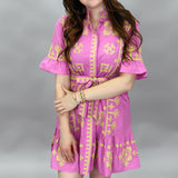 Ruffle Sleeve Cross Stitched Belted Dress, Pink
