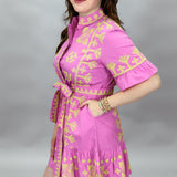 Ruffle Sleeve Cross Stitched Belted Dress, Pink