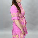 Ruffle Sleeve Cross Stitched Belted Dress, Pink