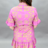 Ruffle Sleeve Cross Stitched Belted Dress, Pink