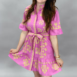 Ruffle Sleeve Cross Stitched Belted Dress, Pink