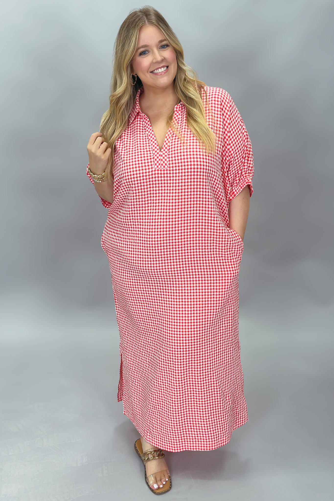 gingham midi dress pink red Same Old You Gingham Collared Midi Dress, Red – FEAST