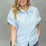 Seeing Blind Button-up Pearl Embellish Top, Blue