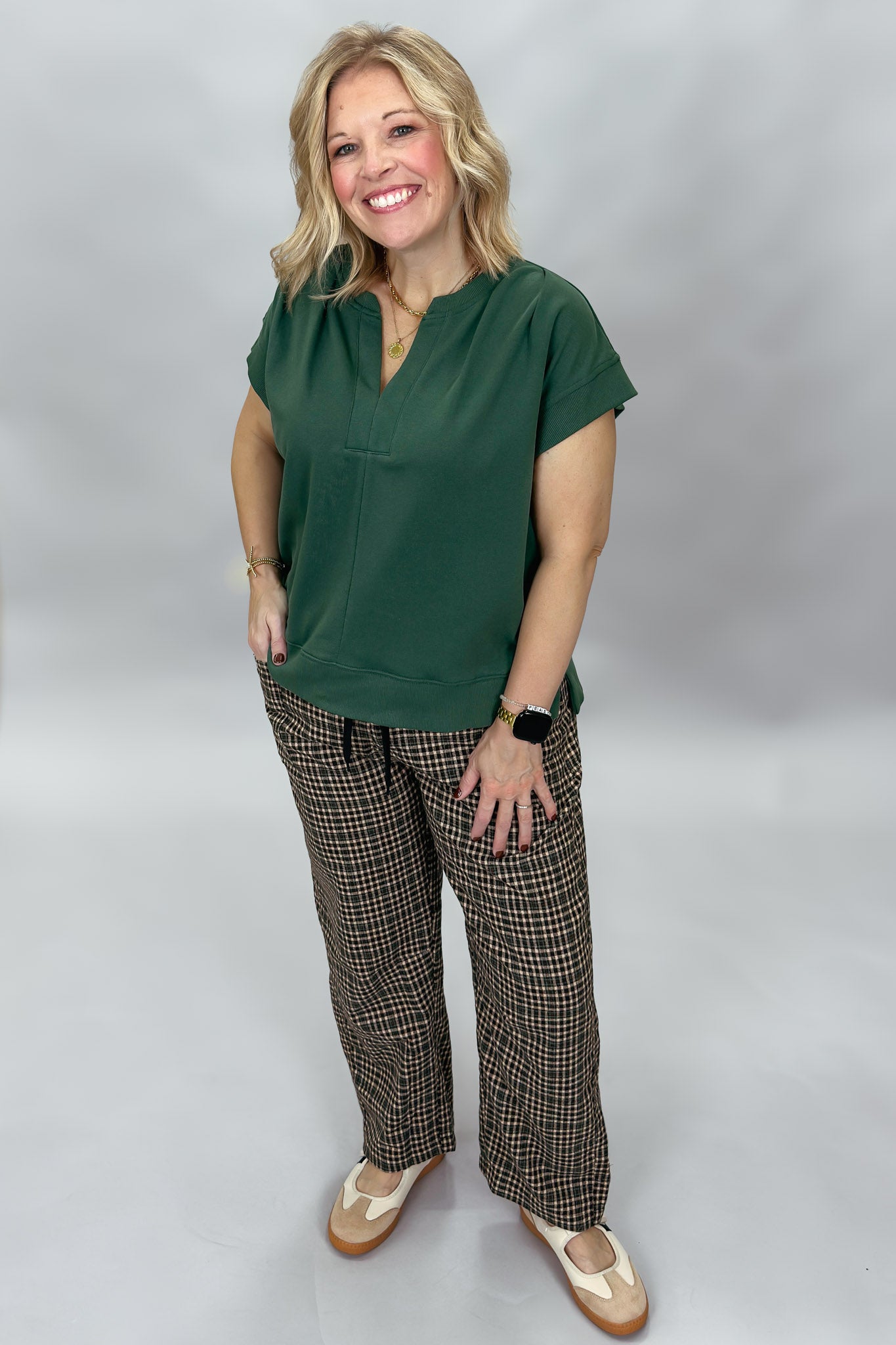 Entro Simple Romance green pleated top, styled