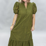 Slow Dances V-neck Eyelet Puff Sleeve Midi Dress, Olive