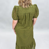 Slow Dances V-neck Eyelet Puff Sleeve Midi Dress, Olive