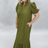Slow Dances V-neck Eyelet Puff Sleeve Midi Dress, Olive