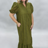 Slow Dances V-neck Eyelet Puff Sleeve Midi Dress, Olive