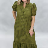 Slow Dances V-neck Eyelet Puff Sleeve Midi Dress, Olive