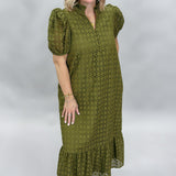 Slow Dances V-neck Eyelet Puff Sleeve Midi Dress, Olive