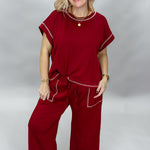 Sewn and Seen Slow Night, So Long maroon scuba lounge set, front view