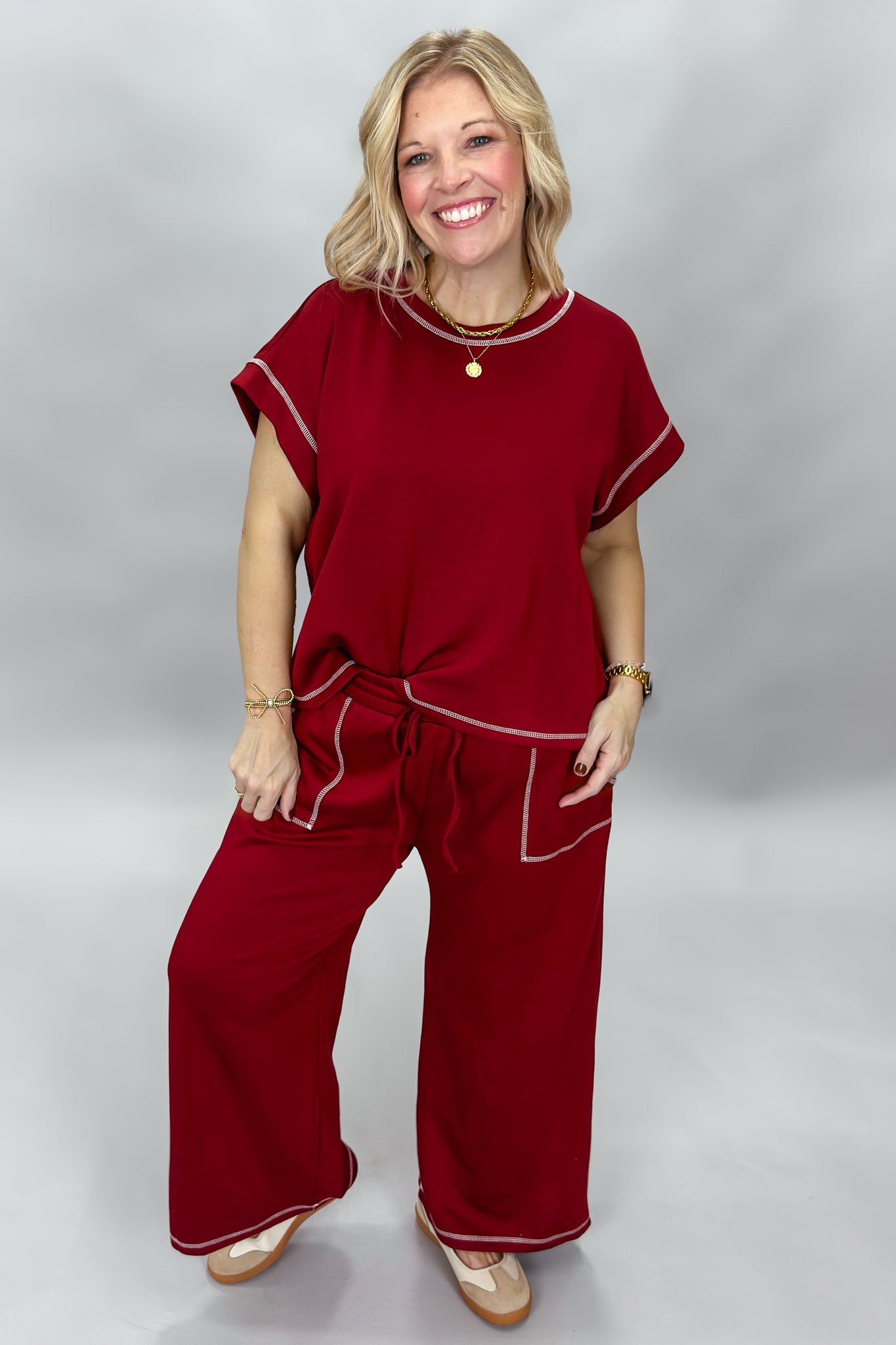 Sewn and Seen Slow Night, So Long maroon scuba lounge set, front view
