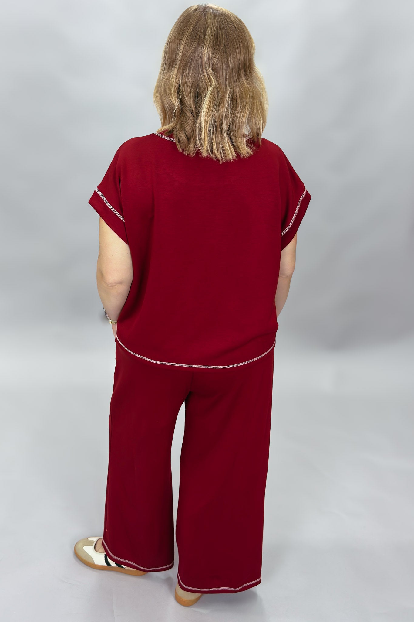 Sewn and Seen Slow Night, So Long maroon scuba lounge set, back view