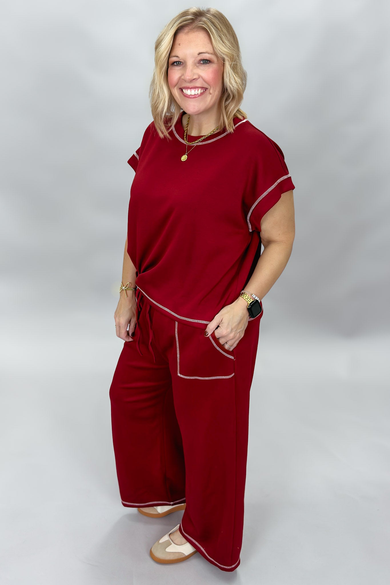 Sewn and Seen Slow Night, So Long maroon scuba lounge set, side view