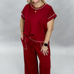Sewn and Seen Slow Night, So Long maroon lounge set, styled