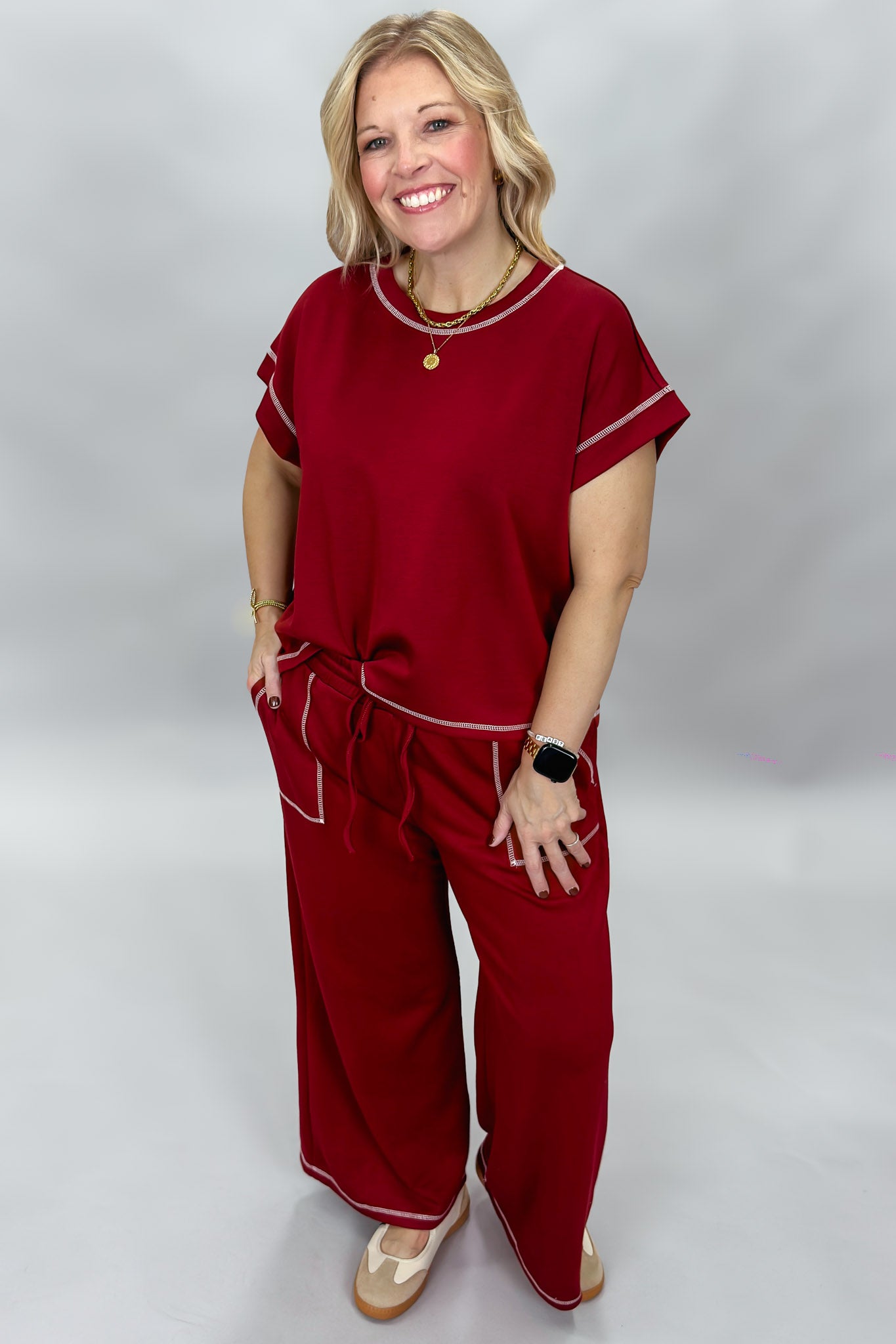 Sewn and Seen Slow Night, So Long maroon lounge set, styled