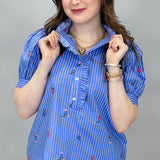 Someday Stripe Ruffle Neck Top, Blue