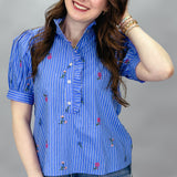 Someday Stripe Ruffle Neck Top, Blue