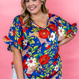 Spice Up Your Life Floral Print Ruffle Sleeve Top, Blue