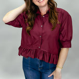 Strawberry Blues Collared Merlot Button Up Top