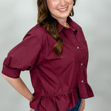 Strawberry Blues Collared Merlot Button Up Top