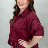 Strawberry Blues Collared Merlot Button Up Top
