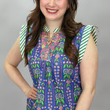 Broken In Stripe Cap Sleeve Floral Print Top, Blue