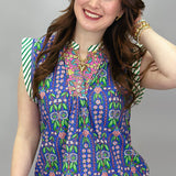 Broken In Stripe Cap Sleeve Floral Print Top, Blue