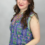 Broken In Stripe Cap Sleeve Floral Print Top, Blue