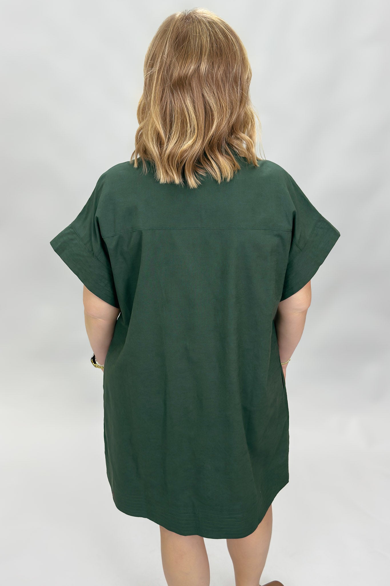 Entro Summer Lightning button down short sleeve dress, green, back view
