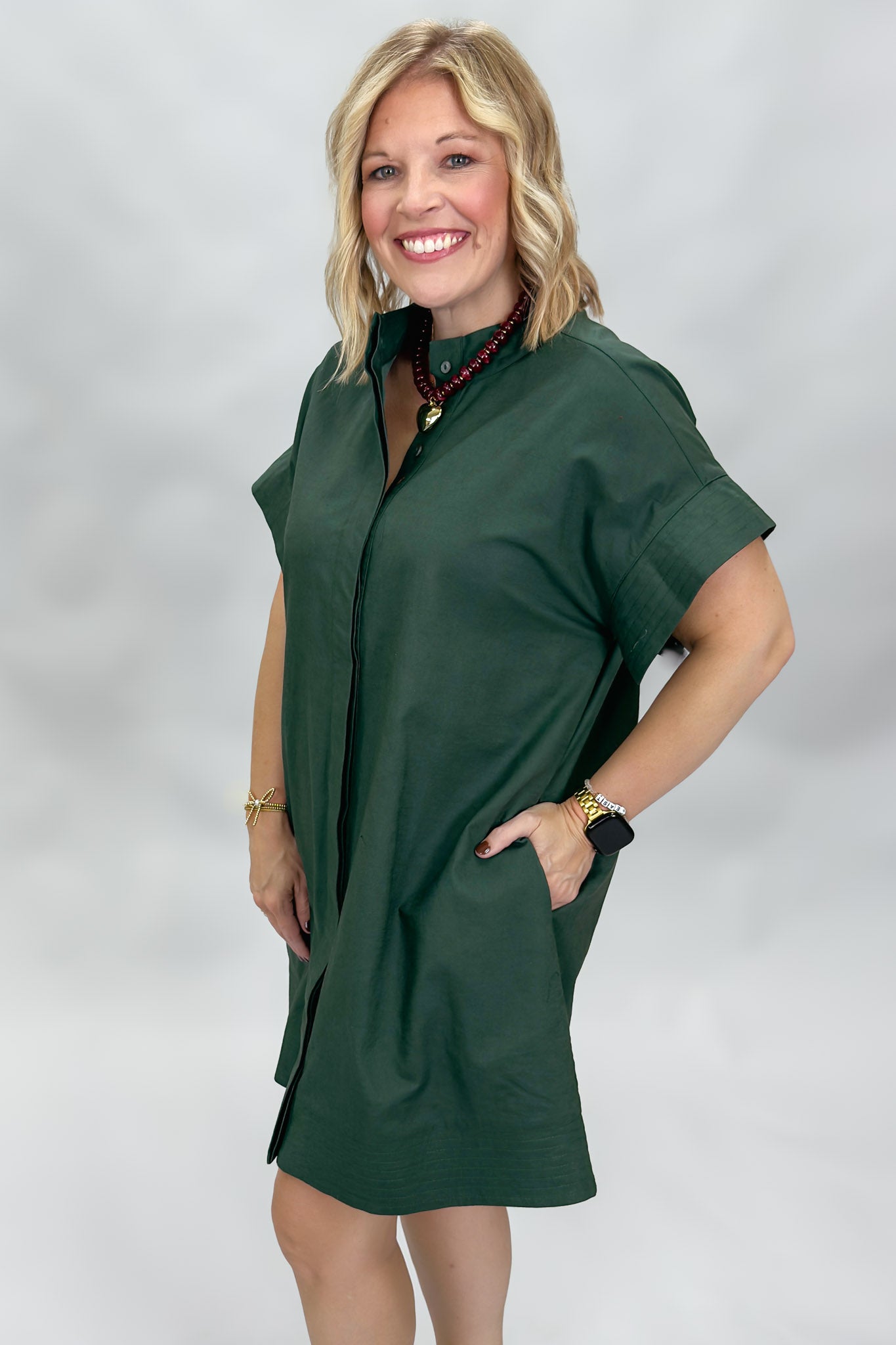 Entro Summer Lightning button down short sleeve dress, green, side view
