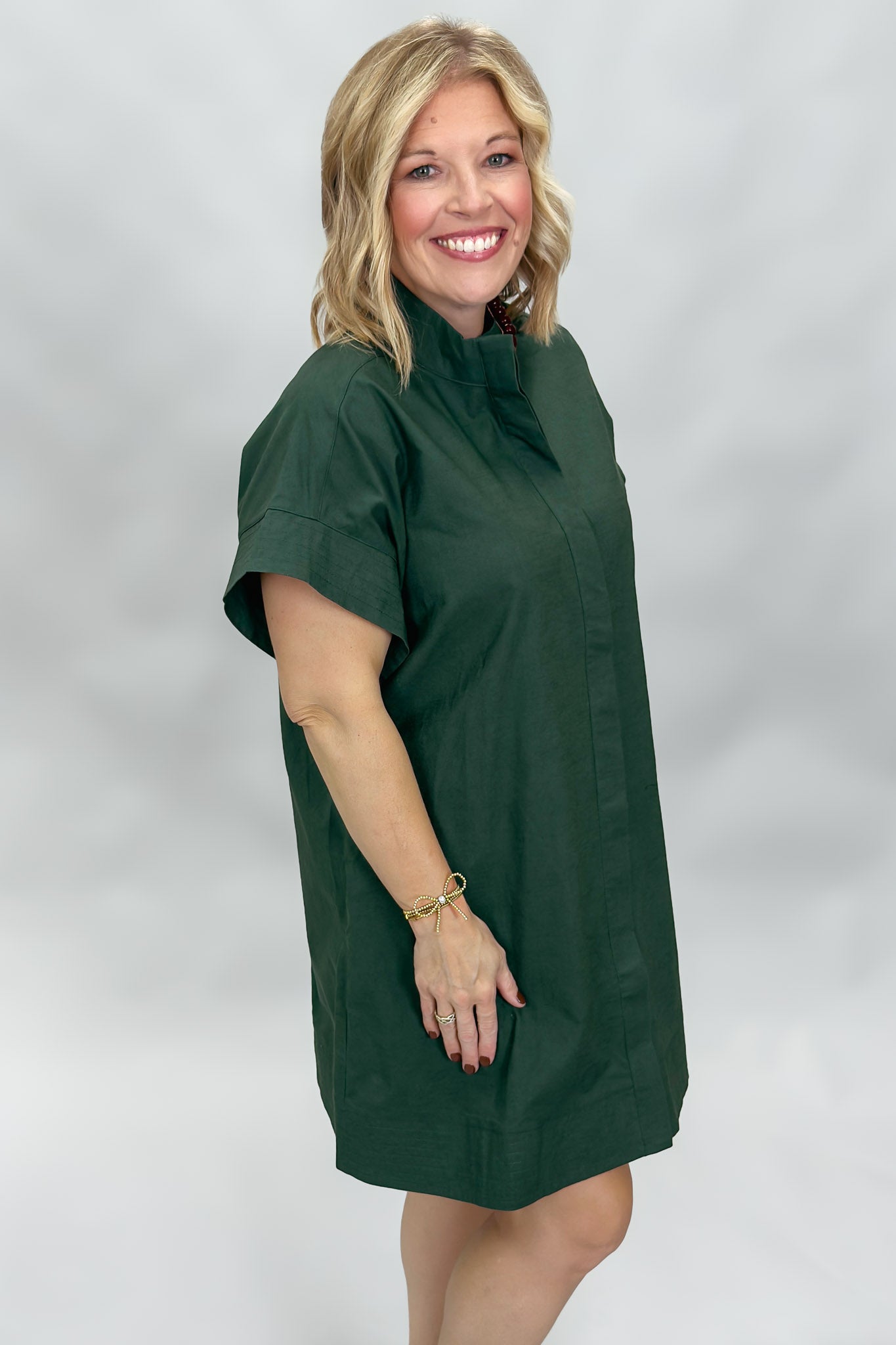 Entro Summer Lightning button down short sleeve dress, green, close-up view