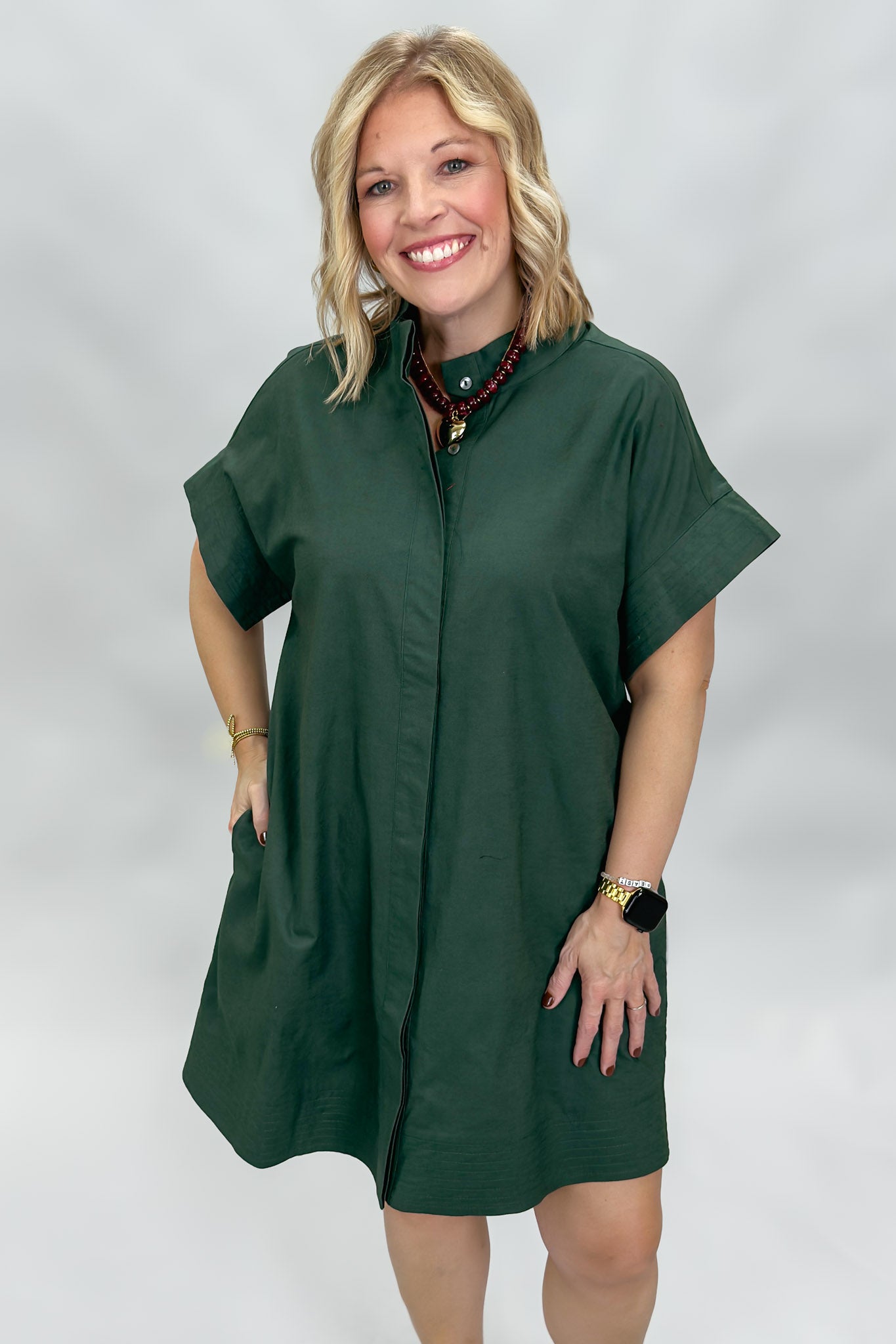 Entro Summer Lightning button down short sleeve dress, green, front view