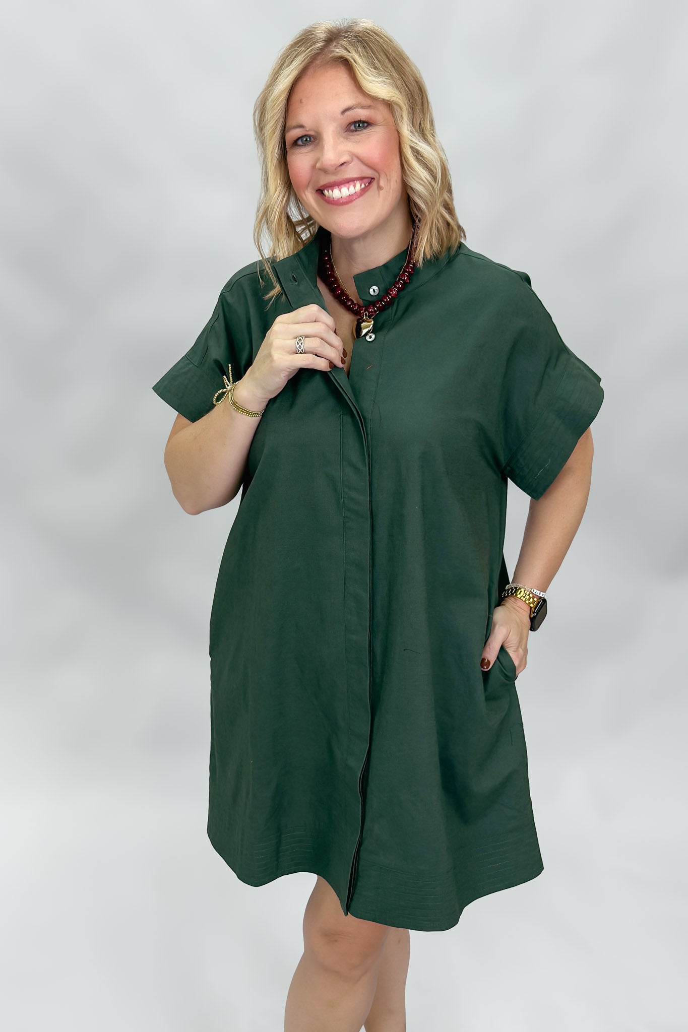 Entro Summer Lightning button down short sleeve dress, green, styled view