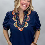 Summer Sweet Floral Embroidered Navy V-neck Top