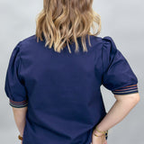 Summer Sweet Floral Embroidered Navy V-neck Top