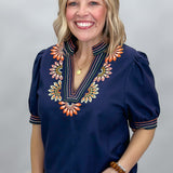 Summer Sweet Floral Embroidered Navy V-neck Top