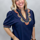 Summer Sweet Floral Embroidered Navy V-neck Top