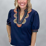 Summer Sweet Floral Embroidered Navy V-neck Top