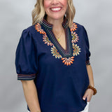 Summer Sweet Floral Embroidered Navy V-neck Top