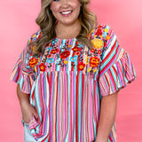 Sunday Best Multi-Stripe Embroidered Babydoll Top