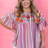 Sunday Best Multi-Stripe Embroidered Babydoll Top